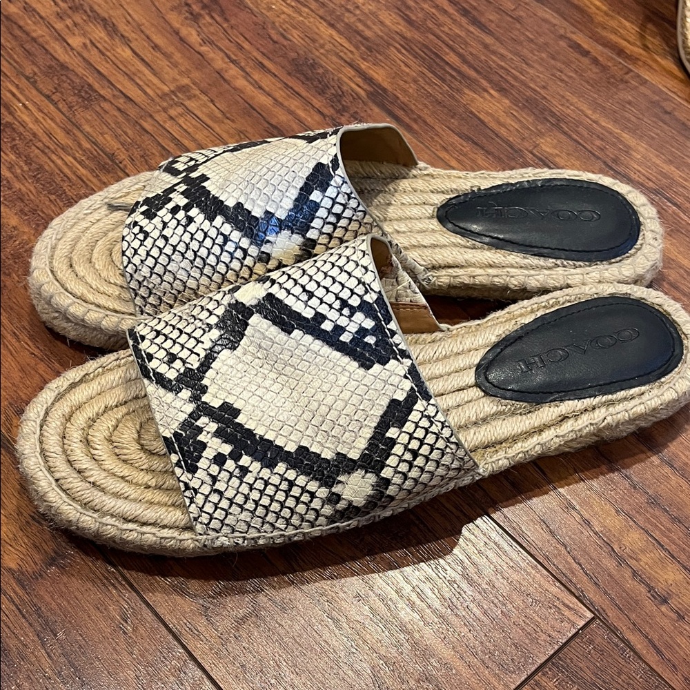 COACH Women's Black and Cream Espadrille Snakeskin Patterned Sandals